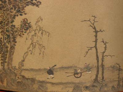 图片[6]-Yixing kiln purple sand painting large brush holder with landscape figure pattern-China Archive